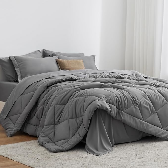 Love's cabin King Size Comforter Set Grey, 7 Pieces King Bed in a Bag, All Season Bedding Sets with 1 Comforter, 1 Flat Sheet, 1 Fitted Sheet, 2 Pillowcase and 2 Pillow Sham