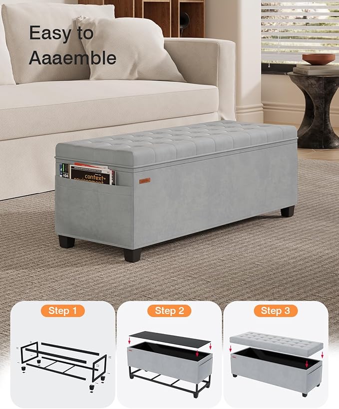 Velvet Storage Ottoman Bench, End of Bed Bench with Legs, Large Entryway Bench, Foot Rest Stool, Tea Table for Bedroom, Living Room, Loads 770 lb, 15.7"L x 43"W x 15.7"H, Dove Gray, UASND62G