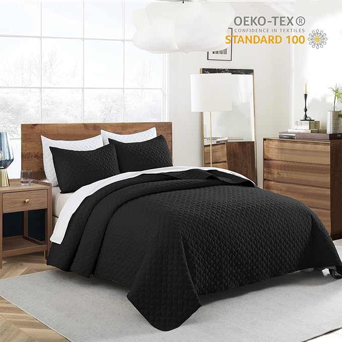 HORIMOTE HOME Quilt Set Twin Size, Black Bedspread with Clouds Pattern, Soft Coverlet Set Lightweight Microfiber Quilted Bedspread for All Season, Includes 1 Quilt and 1 Pillow Sham