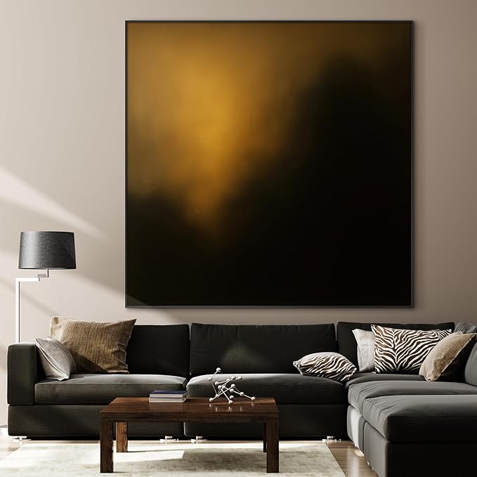 60"x60" XL Framed Wall Art - Dark Abstract Golden Light Glow on Black Modern Painting Minimalist Foggy Forest Tranquil (Frame Assembly Required)