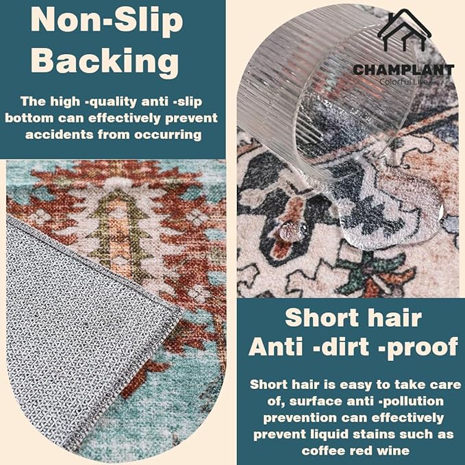 Washable Area Rug 3'x5' Vintage Traditional Floor Cover Foldable Thin Rugs Retro Kitchen Indoor Distressed Non Slip Carpet Floral Print Mat Bedroom Living Room