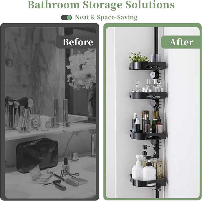 Tension Pole Shower Caddy Organizer with4 Tier L-Shaped Rust Resistant Bathroom Corner Shelves with 34-124 Inch Adjustable No Drilling Quick Install Shower Rack for Bath Essentials (Black)