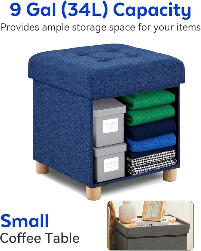 BRIAN & DANY Small Ottoman with Storage, Foot Stool Ottoman Storage Cube, Foot Rest for Couch with Legs, Navy Blue 14.8" x 14.8" x 16"
