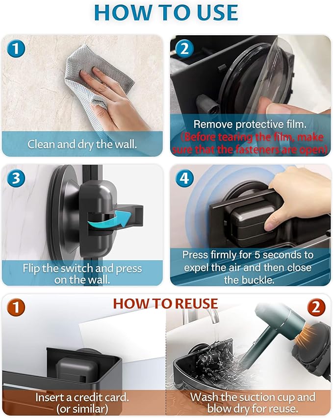 Onemake Suction Cup Shower Caddy, Suction Shower Shelf with Portable Hooks, Bath Organizer with Towel Bar for Bathroom Storage(Matte Black)