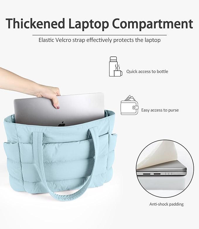 Puffer Tote Bag for Women, Cute Quilted Carryall with Zippered Compartments Shoulder Bag Handbag for Work, Travel, Gym
