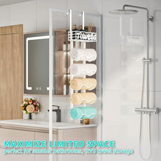 HapiRm Over The Door Towel Rack - 6 Tier Wall Mount Rolled Towel Holder Storage Organizer Shelf with Storage Basket for Small Bathroom, Rv, Camper - White