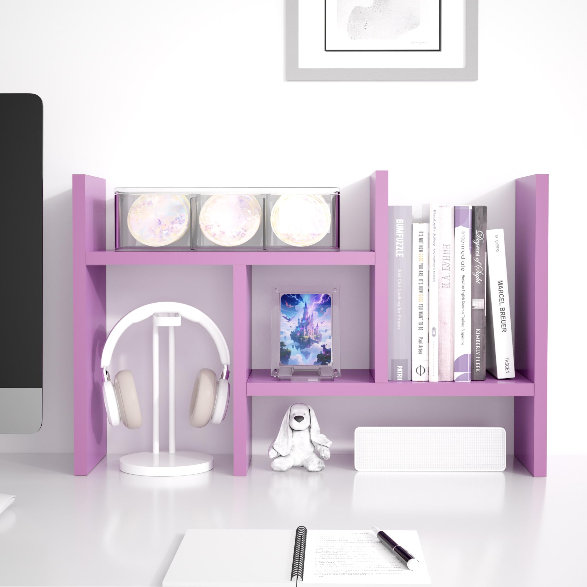 Jerry & Maggie Desktop Organizer Office Storage Rack Adjustable Wood Display Shelf Free Style Double H, Multi-Functional Mini Bookshelf for Desk Natural Stand (Violet) Dormly