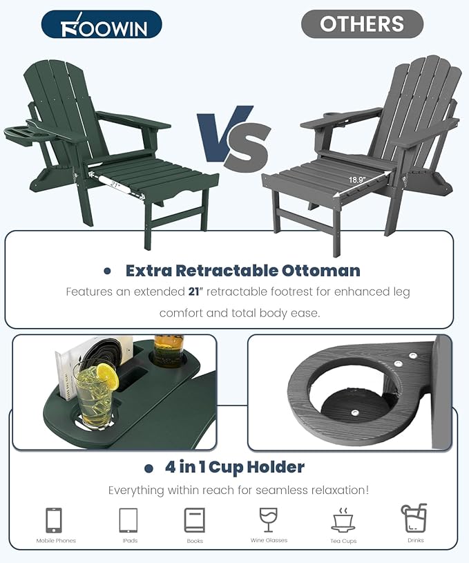 FOOWIN Folding Adjustable Adirondack Chair with Retractable Ottoman Set of 4, HDPE Adirondack Chair w/4 in 1 Cup Holder Trays,All-Weather Resistant Fire Pit Chair for Outdoor Patio Lawn, Dark Green