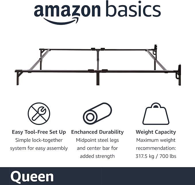 Amazon Basics Metal Bed Frame(Box Spring Required), 9-Leg Base for Box Spring and Mattress, Queen, Tool-Free Easy Assembly, 79.5" L x 59.5" W x 7" H, Black