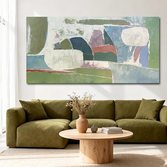 YETHEN WAL Oversized Green Abstract Canvas Wall Art 29×58 in, Large Horizontal Textured Painting for Living Room Sofa Wall, Neutral Earth Tone Decor
