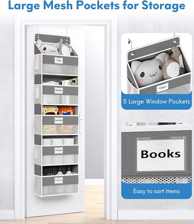 Over The Door Organizer Hanging, 2 Pack 5 Shelf Behind The Doors Storage, Pantry Door Organizer, Closet Organizers for Bedroom and Nursery (Dark Grey)