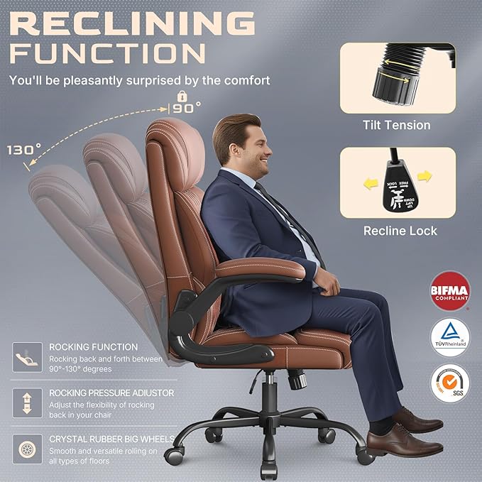 Office Chair, Ergonomic Big and Tall Executive Desk Chair, Breathable Leather Chair with Adjustable Flip-up Armrests, Lumbar Support Swivel Computer Chair with Rocking Function (Brown)