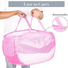 Durable Collapsible Laundry Baskets, Mesh Pop Up Laundry Hamper with Side Pocket, Foldable Clothes Hamper with Reinforced Carry Handles for Laundry, Bathroom, Kids Room, Dorm or Travel 2 Pack Pink