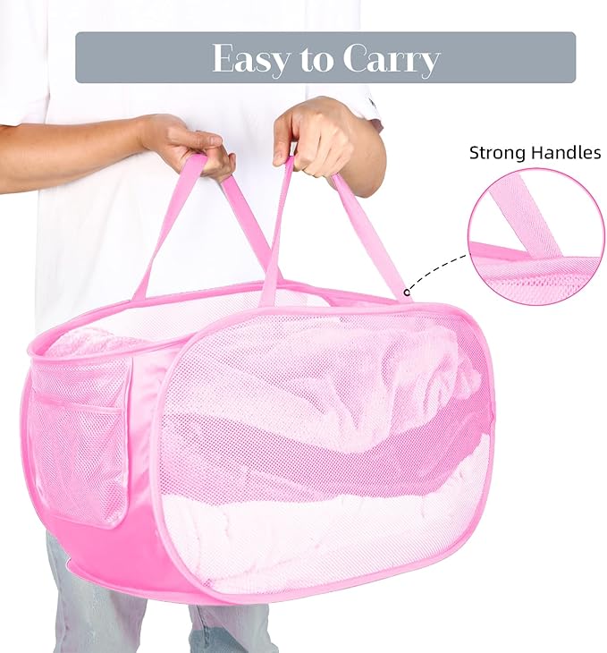 Durable Collapsible Laundry Baskets, Mesh Pop Up Laundry Hamper with Side Pocket, Foldable Clothes Hamper with Reinforced Carry Handles for Laundry, Bathroom, Kids Room, Dorm or Travel 2 Pack Pink