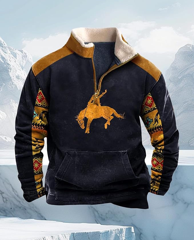 Western Sweatshirts for Men Aztec Cowboy Vintage Graphic Fleece Hoodie Mens Quarter Zip Pullover Country Jacket