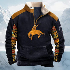 Western Sweatshirts for Men Aztec Cowboy Vintage Graphic Fleece Hoodie Mens Quarter Zip Pullover Country Jacket