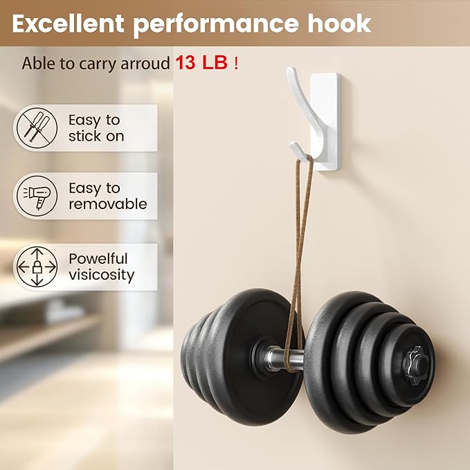 pickpiff Self Adhesive Coat Hooks for Hanging, Heavy Duty Stainless Double Wall Hook for Towel, Backpack, Hat, Sturdy Metal Hanger for Bathroom, Bedroom, Door, Wall Mounted, 10 Pack, White