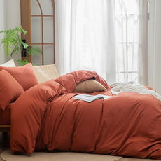 BESTOUCH Duvet Cover Set 100% Washed Cotton Linen Feel Super Soft Comfortable Chic Lightweight 3 PCs Home Bedding Set Solid Burnt Brick Red Cal King
