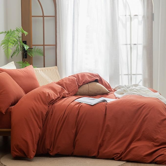 BESTOUCH Duvet Cover Set 100% Washed Cotton Linen Feel Super Soft Comfortable Chic Lightweight 3 PCs Home Bedding Set Solid Burnt Brick Red King