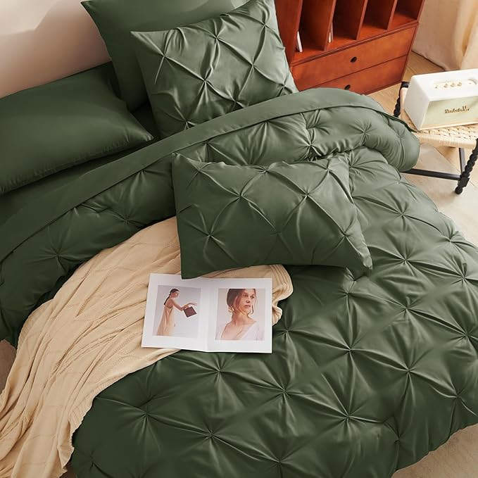 CozyLux Full Size Comforter Sets Olive Green, 7 Pieces Pintuck Bed in A Bag Green Comforter Full Size, Pinch Pleat Bedding Sets with All Season Comforter, Sheets, Pillowcases & Shams