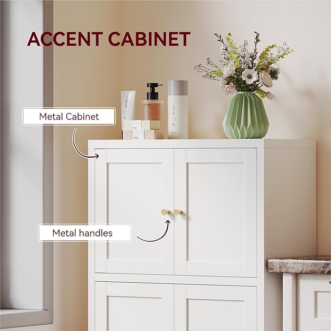 Bathroom Floor Storage Cabinet,Freestanding Bathroom Storage Cabinets,White Bathroom Cupboard,Metal Floor Cabinets,Small Cabinet with 2 Adjustable Shelves&4 Doors