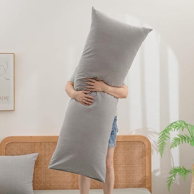 BESTOUCH 100% Washed Cotton Pillowcase for Hair and Skin Linen Feel Soft Comfortable Breathable 1 Pcs Pillow Case with Envelope Closure Solid Light Grey Body 20x54 Inches
