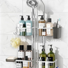 Adjustable Shower Caddy Hanging for Handheld Showerheads - Never Rust Shower Hanging Organizer, Upgraded Bathroom Shower Rack with Soap Basket, Hooks and Toothbrush Holder (Silver)
