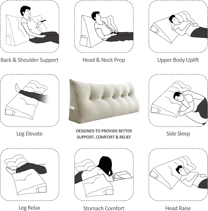 Headboard Wedge Pillow Large Bolster Reading Pillows for Sitting in Bed Adult,Velvet Triangular Cushion Backrest Lumbar Back Support Upholstered Daybed Sit Up Book Pillows(White,Queen)