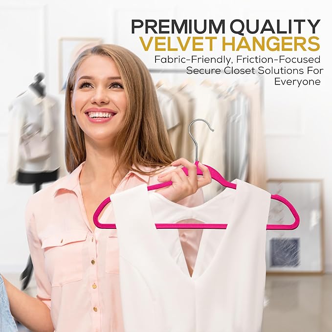 Premium Velvet Hangers 50 Pack Ultra Thin Non Slip Adult Felt Space Saving Suit Hanger for Closet Heavy Duty Coat Pants Jackets Dress Hangers 360° Swivel Hook Hold Upto 10 lbs Dark Pink