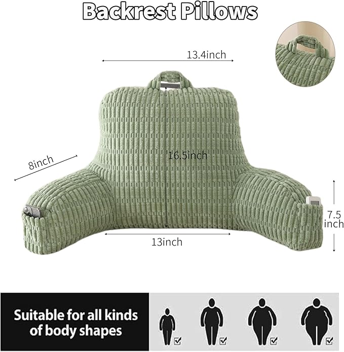 Reading Pillow for Sitting in Bed, Large Backrest Reading Pillow with Arm Rest,Back-Rest Support Cushion for Sit Up on Couch, Sofa, and Floor, Dorm Essentials (Green Corduroy, Standard(17"))