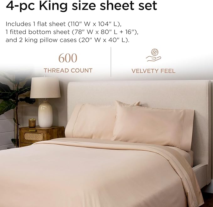 Threadmill 100% Cotton Sheets for King Size Bed - 600 Thread Count King Bed Sheets Set with 16” Deep Pocket - Sateen Weave 4-Piece Bedding Set with Cooling Effect, Beige