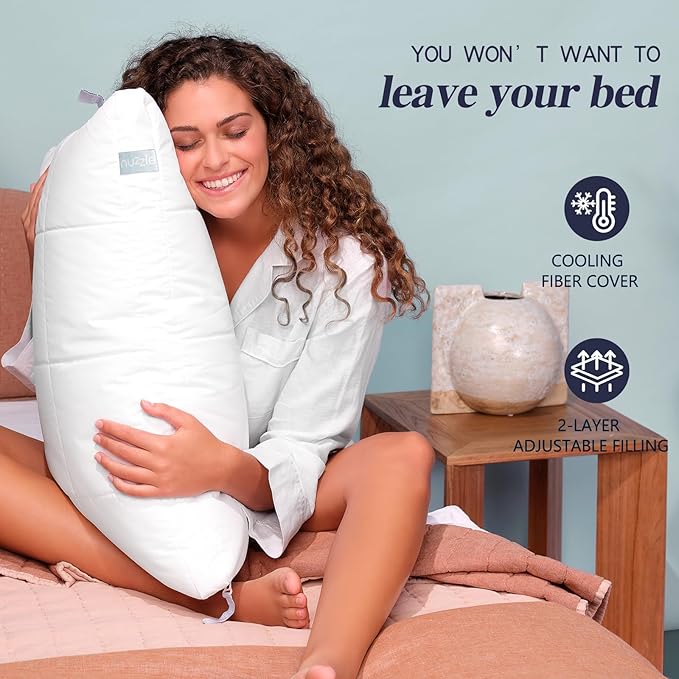 Nuzzle Cooling Adjustable Pillow for Side Sleepers, Luxury Standard Size Set of 4 Bed Pillow Hotel Collection - Best Adjust Height Soft Firm Pillow for Back, Stomach or Side Sleepers - Home Gifts