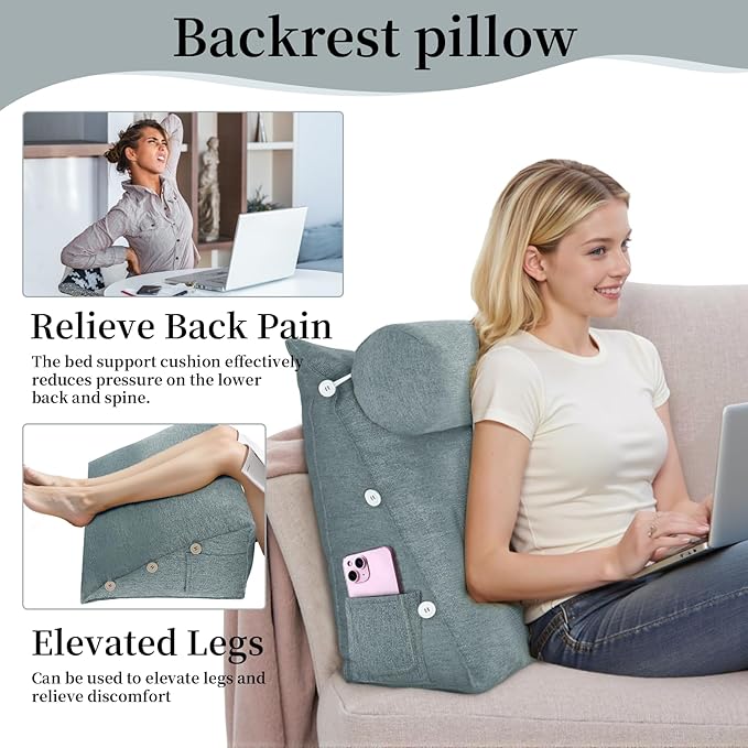 Bed Wedge Reading Pillow, Adjustable Reading Throw Cushion Triangular Pillow Wedge Couch Pillow for Lumbar Neck Back Support Pillow with Removable Cover
