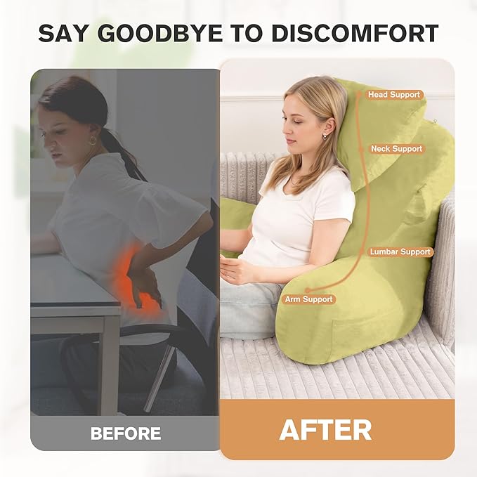 Portable Reading Pillows with Headrest for Bed Sitting Up(Yellow Oeko-Tex), Velvet Back Pillow with Arms & Pockets for Adults, Support Memory Foam Bed Pillow for Dorm/Reading/Watching/Gaming