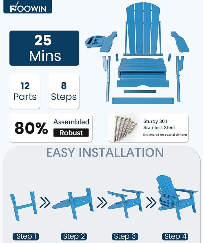 FOOWIN Folding Adjustable Adirondack Chair with Retractable Ottoman Set of 2, HDPE Adirondack Chair w/4 in 1 Cup Holder Trays,All-Weather Resistant Fire Pit Chair for Outdoor Patio Lawn, Pacific Blue
