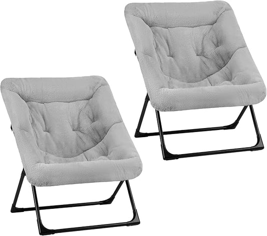 Comfy Saucer Chair for Adults, Set of 2, Soft Faux Fur Bedroom Chair, Accent Dorm Chairs, Flexible Living Room Reading Chairs, Oversized Folding Lounge Seat for Teens, X-Large, Grey