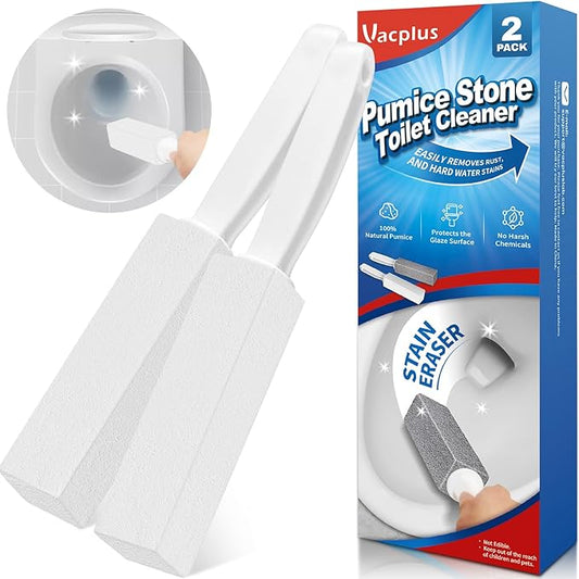 Vacplus Toilet Brush - Toilet Bowl Cleaners with Extra Long Handle, 100% Pumice Stone for Toilet Cleaning, Remove Limescale, Rust, Cleaning Supplies for Toilet, Pool, Bathroom, Sink, 2 Pack, White