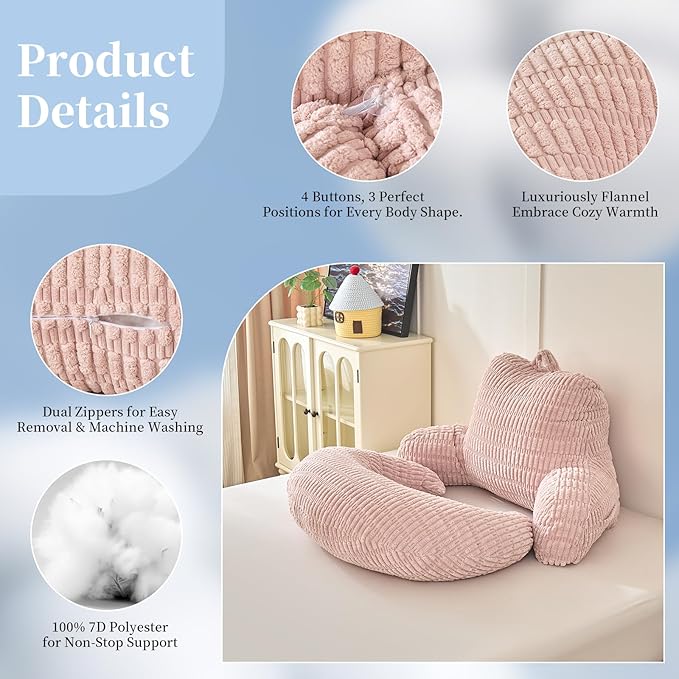 Back Pillow for Bed Sitting Up,U Shaped & Back Support Pillow for Bed,17" Backrest with Lumbar & Arm Support,Comfy Corduroy Fabric,Lap Pillow for Gaming/Reading/Watching TV,Pink