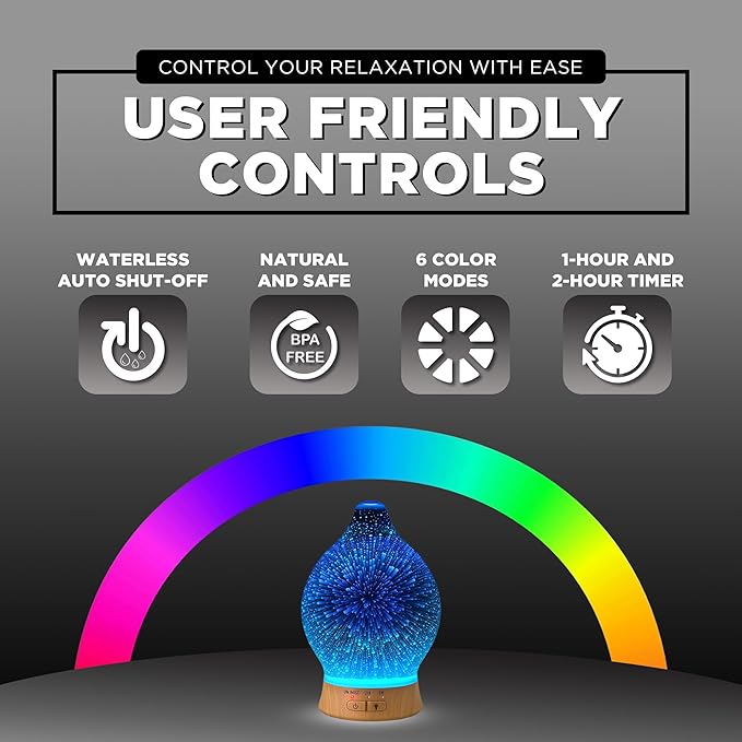 Aromatherapy Essential Oil Diffuser for Therapeutic Oils, w/ 3D Glass Vase | Cool Mist Difusor for Bedroom | LED Color Light Display & Auto Shut-Off | Humidifier, Fragrance Machine for Home & Dorm Use