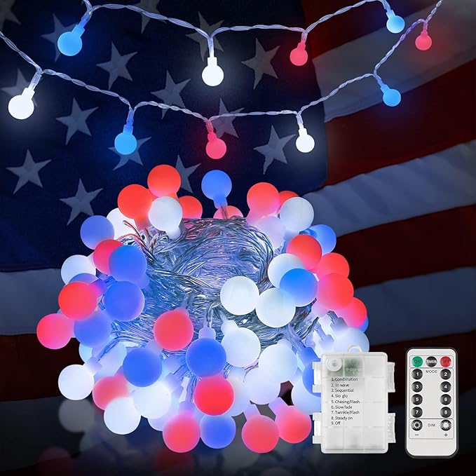 suddus Fairy Lights, 50 Led Battery Powered String Lights, Globe String Lights for Flag, Backyard, Patio, Garden, Party, Bedroom, Living Room, Classroom, Christmas, Red White and Blue