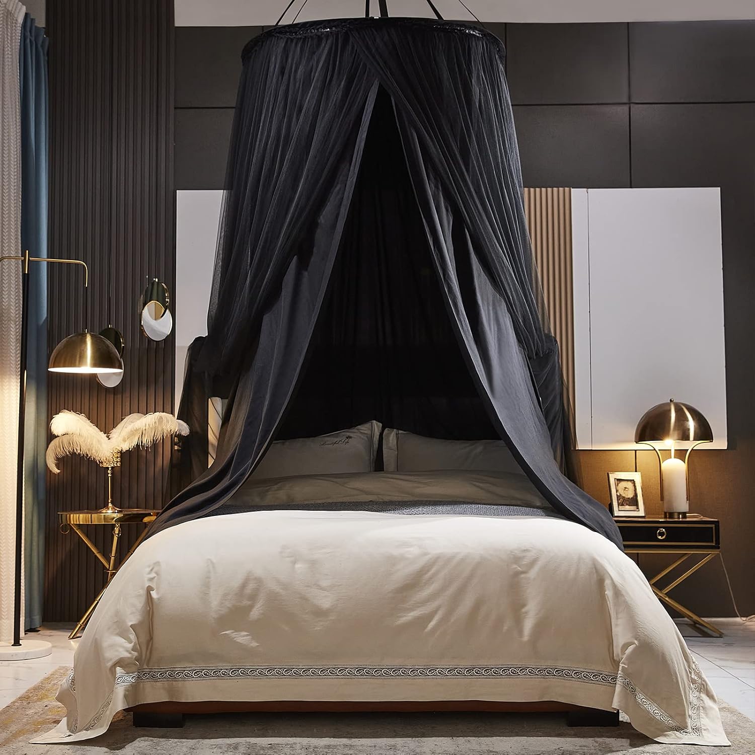 Kertnic Luxurious Bed Canopy for Girls & Adults - Double Layer Princess Canopy with Lace, Round Dome Mosquito Netting for Queen/King Bed Tent (Black) Dormly