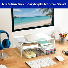 OPNICE Acrylic Clear Desk Organizers and Accessories, 2-Tier Computer Monitor Stand Riser with Drawer, Laptop Stand, Office Desk Accessories for Office Supplies, Transparent