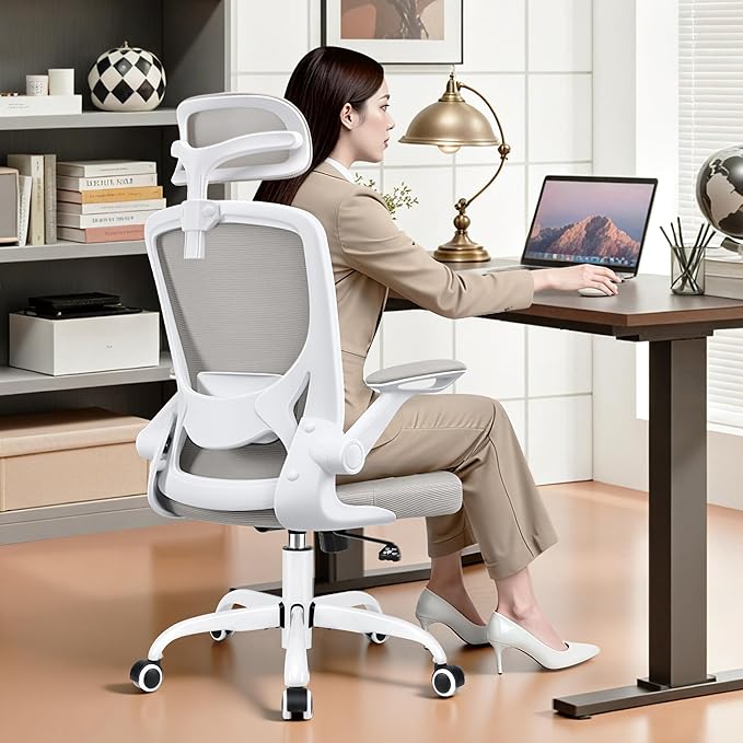 Office Desk Chair, Ergonomic Mesh Office Chair with Adjustable Lumbar Support, Headrest, Flip-up Armrests, Comfortable Computer Chairs for Home, Work, Gaming, Light Gray