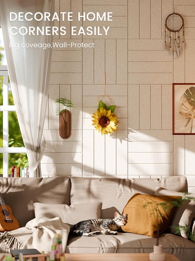 Bumusty Large Cork Board Alternative-47 x35 Felt Bulletin Board Tiles, with 30 Pushpins, 70 Adhesive Tabs, 12-Pack Slat Wall Paneling, Cork Boards for Office Push Pin Board Felt Board-Oatmeal