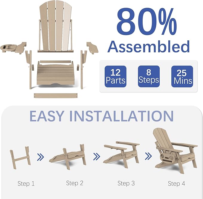 FOOWIN Adirondack Chair with Retractable Ottoman,HDPE Folding Adjustable Adirondack Chair w/4 in 1 Cup Holder Trays,All-Weather Resistant Fire Pit Chair for Outdoor Patio Lawn Set of 8