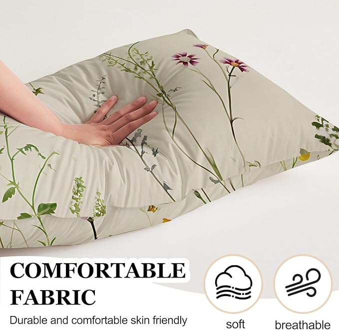 Microfiber Pillowcase with Hidden Zipper,Comfortable Fabric,Floral Print Pattern Pillow Cover,Lightweight and Breathable,Standard Size 20"X 26" (Green-Flower-19)