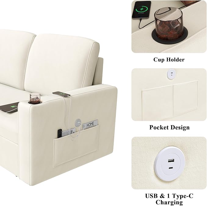 Keyluv 87" Pull Out Sleeper Sofa Bed with Storage Chaise, Reversible 2 in 1 Sectional Sofa Bed with Charging Station and Cup Holder, L-Shaped Sofa Couch for Living Room, Velvet Beige