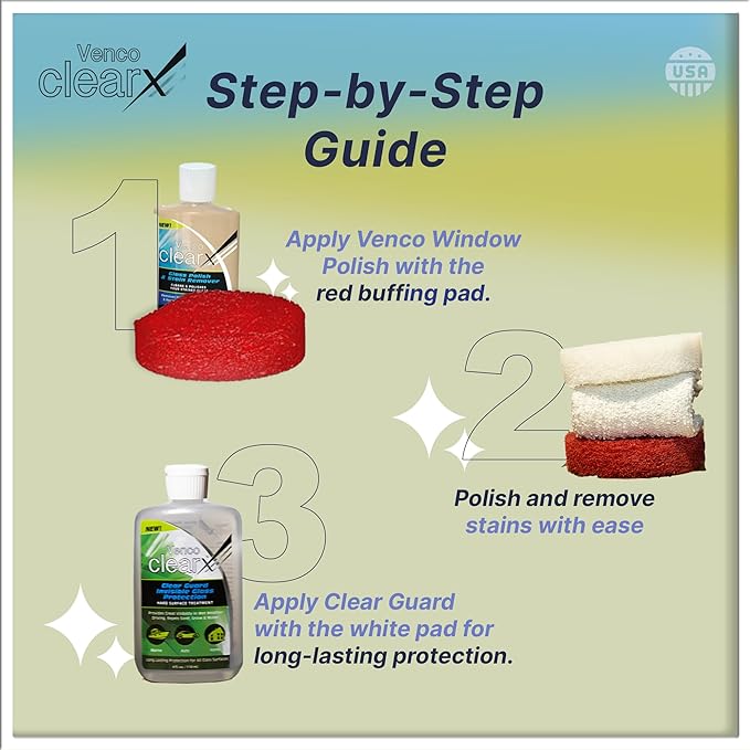 Venco Clear X Multi-Surface Glass Polish - Advanced Oxidation & Water Spot Remover with Clear Guard Technology - Perfect for Yachts, Home Windows, RVs & Car Windshields - Made in the USA - 4oz Kit