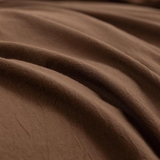 BESTOUCH Duvet Cover Set 100% Washed Cotton Linen Feel Super Soft Comfortable Chic Lightweight 3 PCs Home Bedding Set Solid Cocoa Brown Queen
