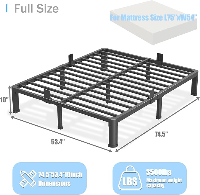 10 inch Full Size Bed Frame with Round Corner Legs Mattress Slide Stopper,Low Profile Heavy Duty Metal Platform,Steel Slat Support,No Box Spring Needed,Easy Assembly,Noise Free